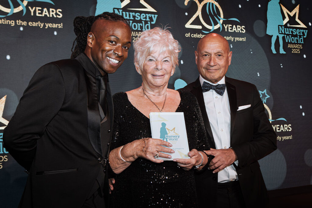 Margaret-Mason-OBE-receives-Lifetime-Achievement-Award-at-the-Nursery-World-Award-Maggies-Day-Nursery-Forest-School